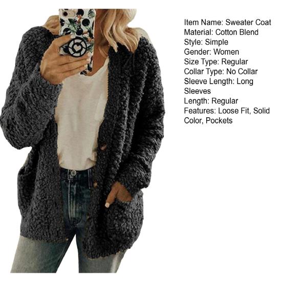 Women Sweater Coat Long Sleeve Collarless Knitting Jacket with Pockets Loose Fit Solid Color Tops Coat Autumn Winter Wear