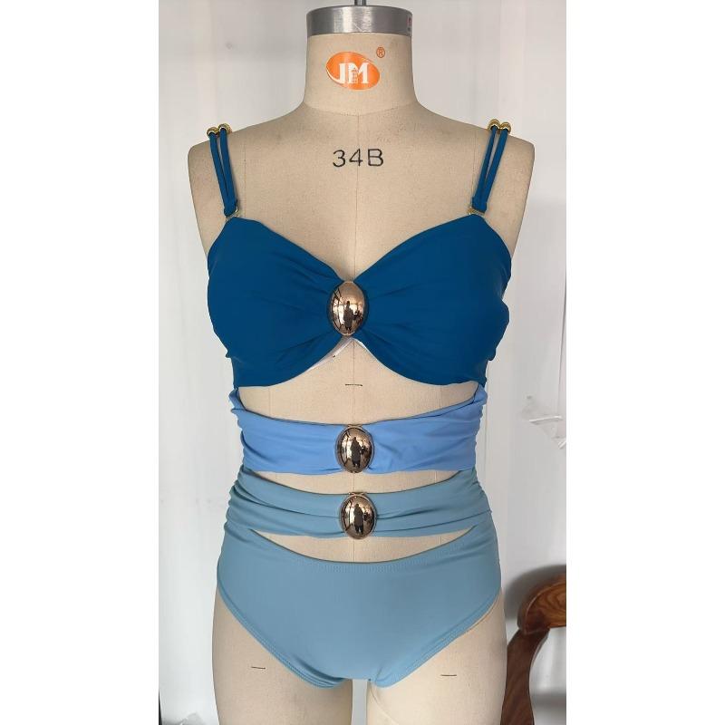 Europäischer und Amerikanischer Neuer Spleiß-Metallverschluss Hohl Einteiliger Badeanzug Damen Hohe Taille und Dünn High-End Bikini