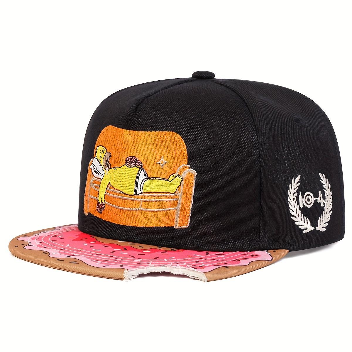Cartoon Embroidery Flat Bill Snapback Hat, Donut Print Hip Hop Baseball Cap for Men Women L чёрный