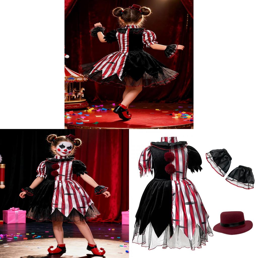 Polyester Halloween Costume For Girls With Clown Mask And Stage Accessories For Kids Halloween Party