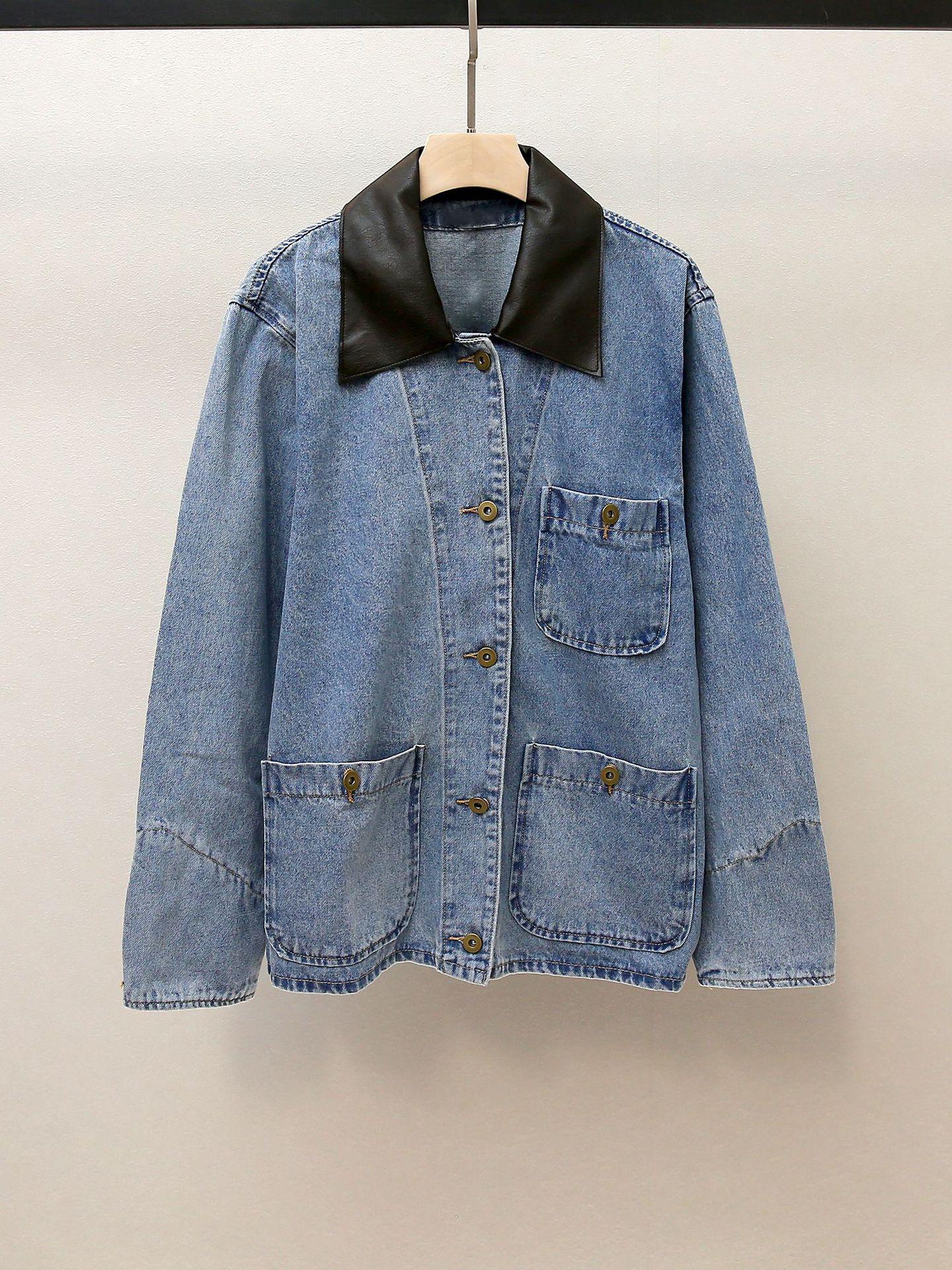 

S Family Autumn French Casual Leather Lapel Patchwork Denim Jacket for Women Small синий