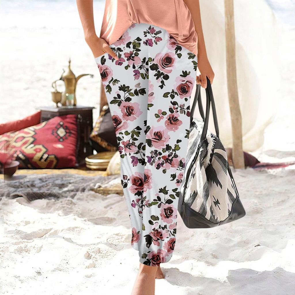 Hosen für Damen, lässig, Sommer, Strand, bedruckt, elastisch, lockere Hose