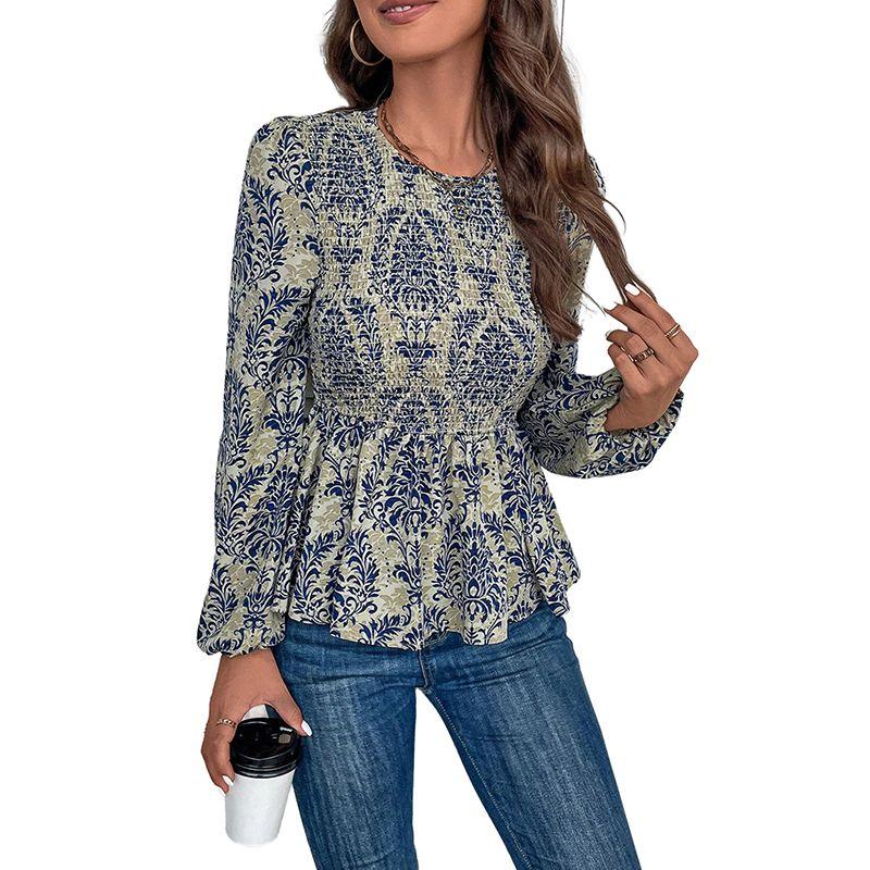 

Early Autumn New Arrival Retro Print Chiffon Shirt for Women 2025 Fashion Elegant Commute Slim-Fit Slimming Long Sleeve Top Women Light blue XL code fits (70.00 kg-75.00 kg