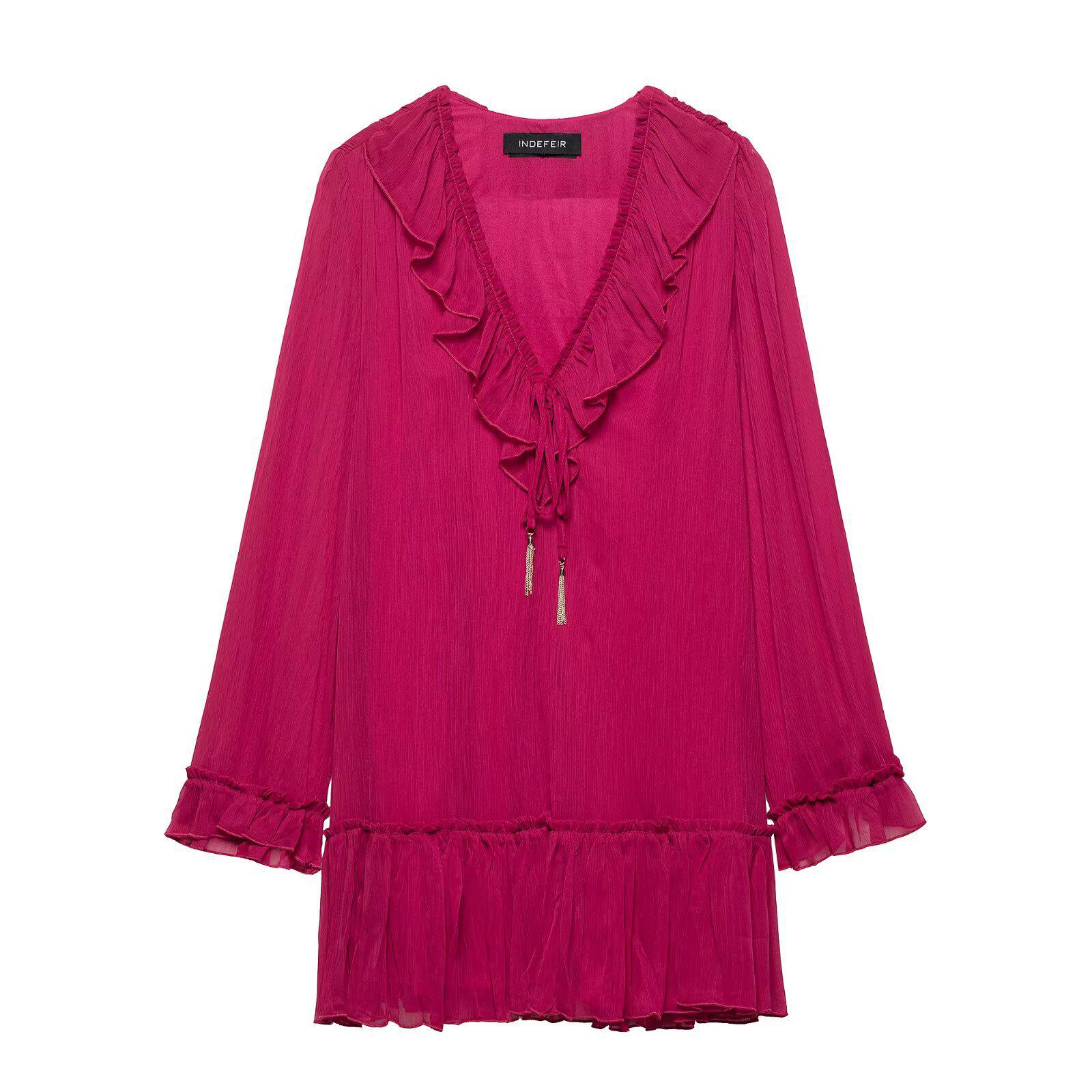 

TAOP&ZA Summer Women s V-neck Long Sleeve Ruffle A-line Dress Extra Small