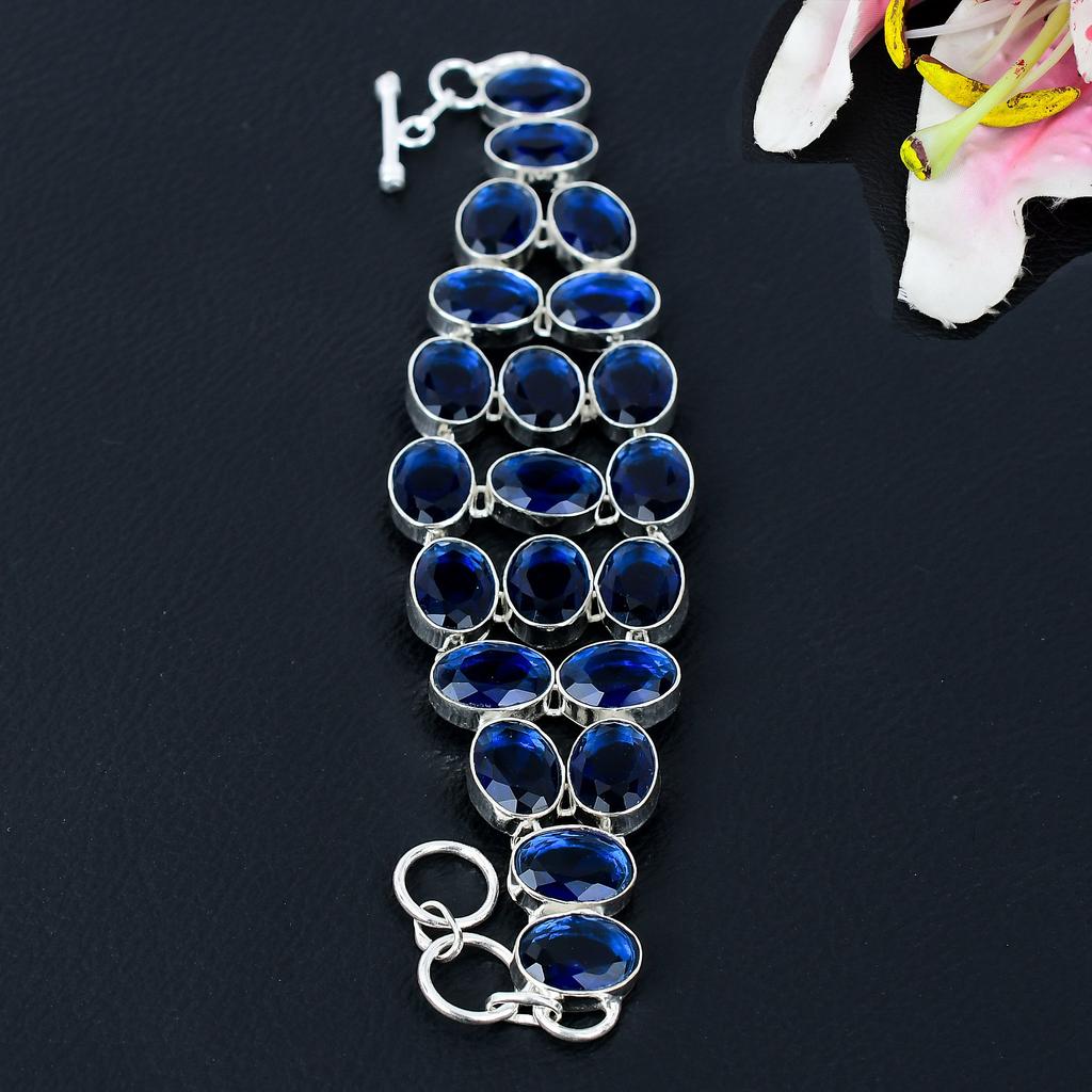 London Blue Topaz Gemstone Handmade 925 Sterling Silver Bracelet 7-8" KG-368