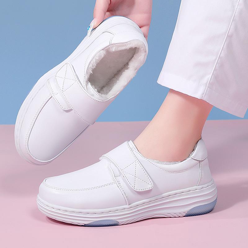 Women Loafers Platform Nurse Shoes Lady Winter Warm Fur Shoes Casual White Leather Shoes for Mother