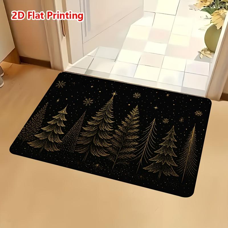 1pc, 2D Flat Printing Black and Golden Christmas Tree Entrance Doormat, Non-Slip Machine Washable Easy-to-Clean Polyester Mat, Suitable for Home and O