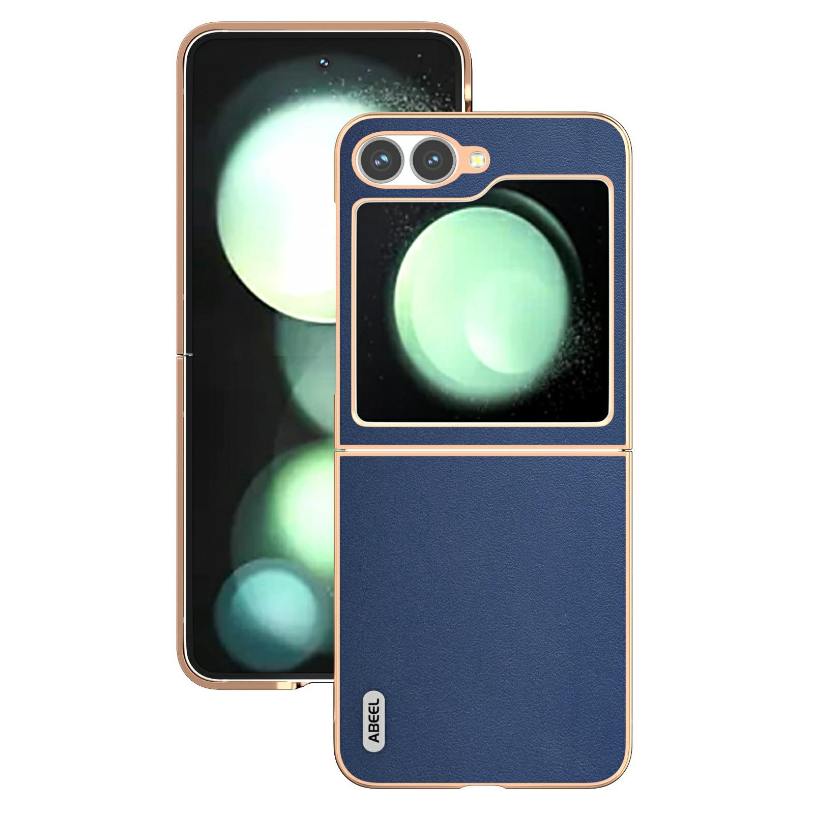

ABEEL For Samsung Galaxy Z Flip7 FE 5G/Z Flip6 5G Case Electroplating Edge Genuine Cow Leather+PC Phone Cover B