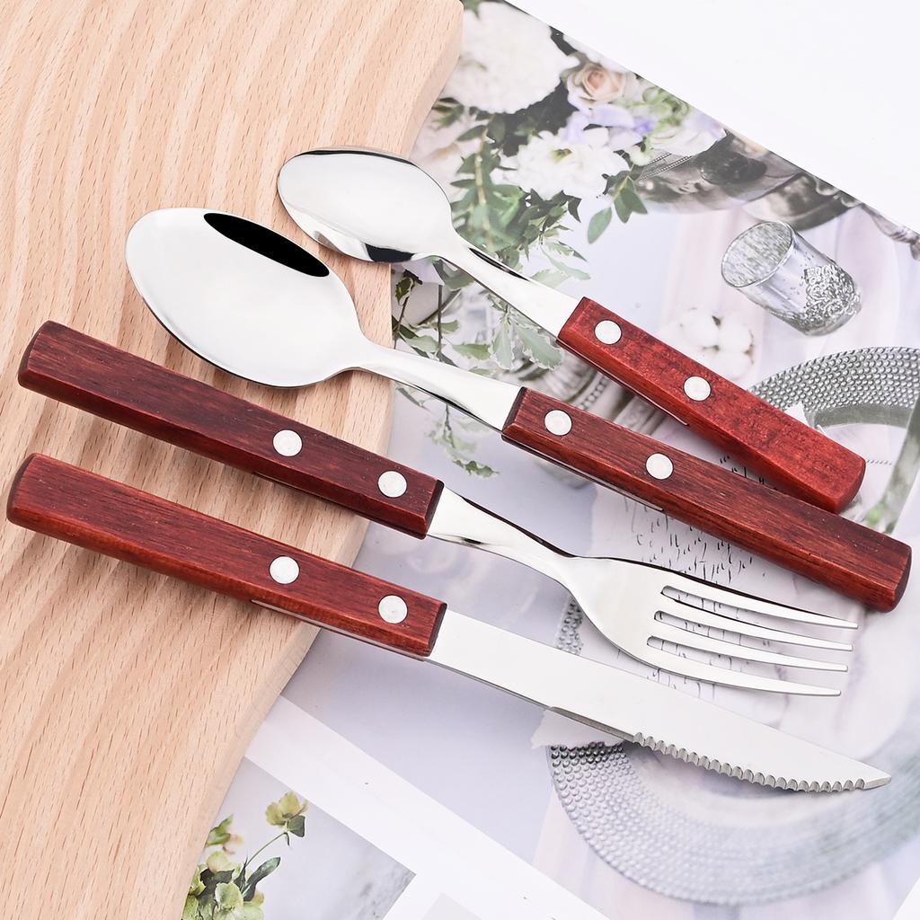 24pcs Red Wooden Handle Stainless Steel Dinnerware Set Steak Knife Fork Coffee Spoon Tableware Christmas Party Kitchen Flatware