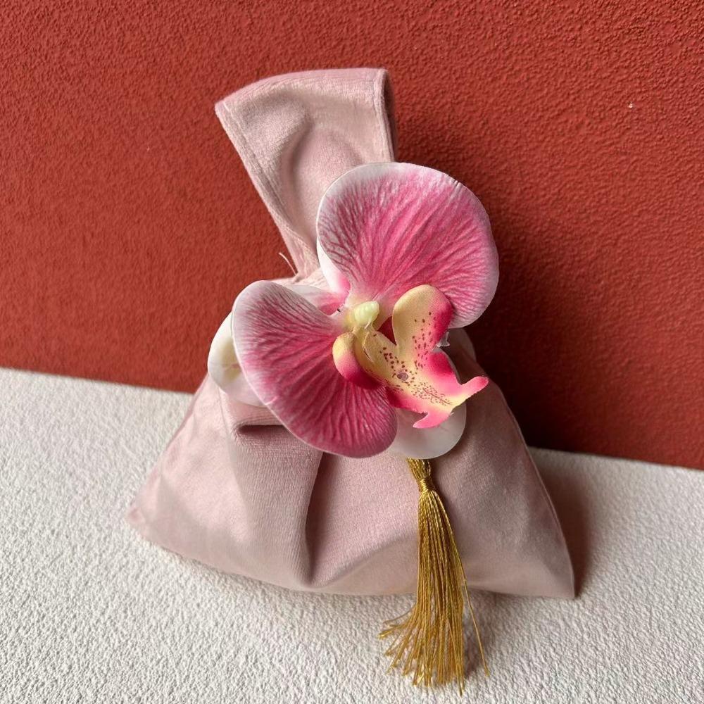 Vest Shape Flower Wrist Bag Tassel Festive Sugar Bag Sweet Velvet Knot Handbag Wedding
