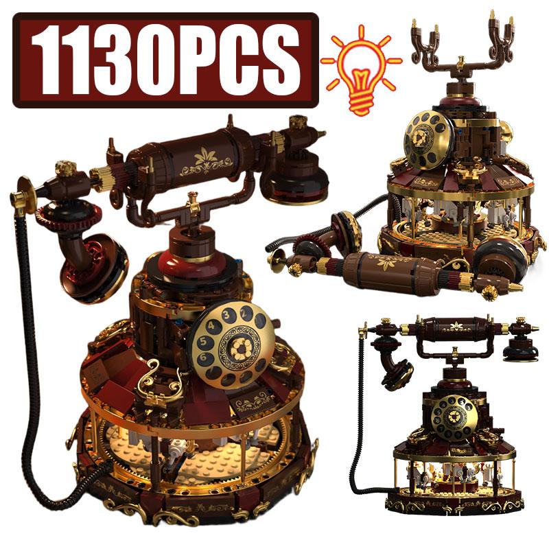 MOC Dampf Retro Serie Telefon Bausteine Karussell LED Feine Vintage Heimdeko Teile Figuren Steine Spielzeug Festival Geschenk