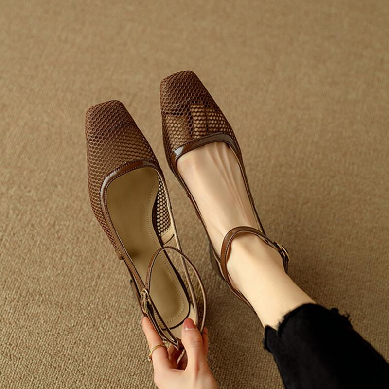 Fashion NEW Summer Women Sandals Square Toe Chunky Heel Shoes for Women Cover Toe Black Mesh Shoes Ankle Strap Cover Heel Modern Sandals