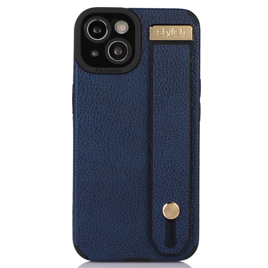 Pour iPhone 13 Étui Béquille Dragonne Cuir PU Texturé+TPU Coque de Téléphone