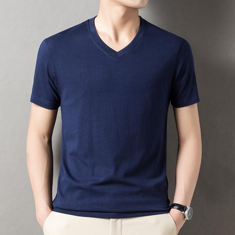 

Мужская однотонная хлопковая футболка с V-образным вырезом и короткими рукавами - летняя легкая