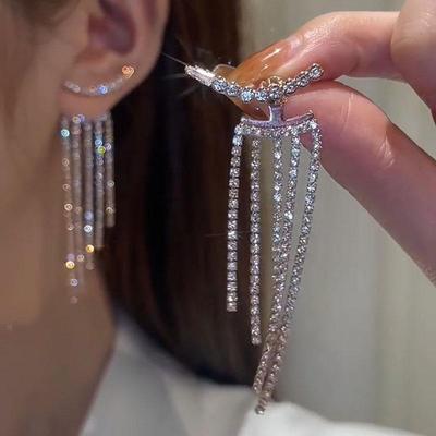 Tassel & Rhinestone Long Earrings for Women - 925 Silver Needle, Gold Design