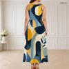 Women Plus Size Round Neck Triple Keyhole Cutout Sleeveless Geometric Print Long Dress Blue Yellow Beige