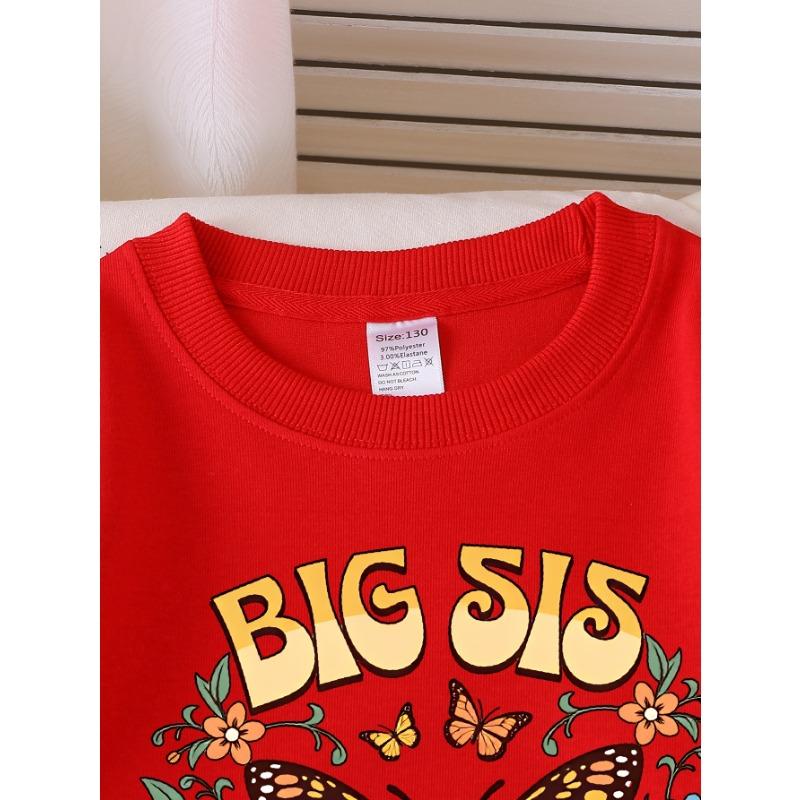 European Sizes Girls' Soft Crewneck Sweatshirt Big Sister Butterfly Floral Design, Casual for Fall Winter, Ideal Holiday Present.