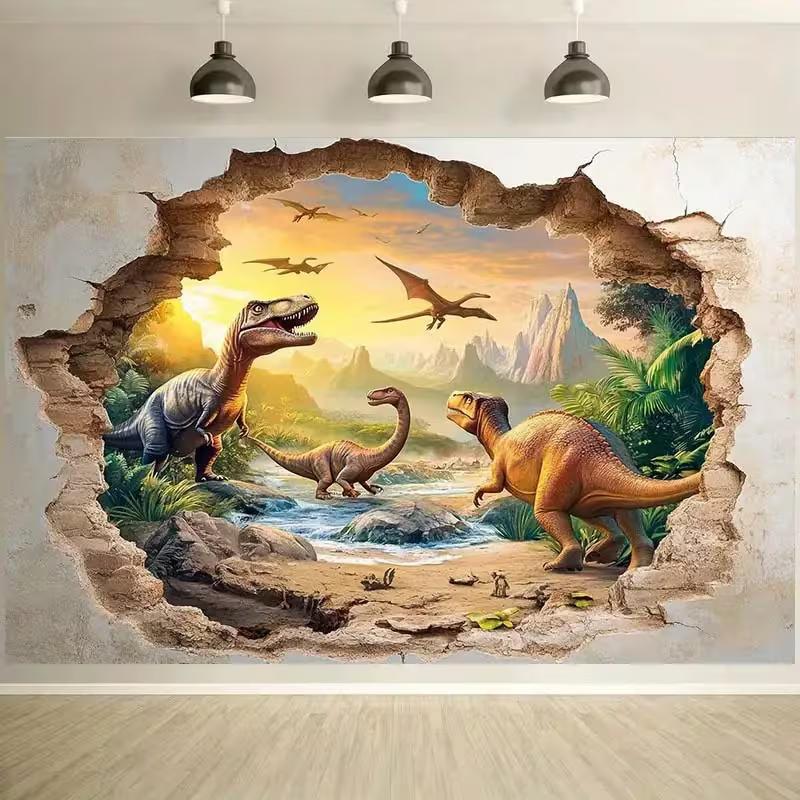 2D Visual Effect Dinosaur World Tapestry Broken Wall Jurassic Scene Wall Hanging for Children's Room