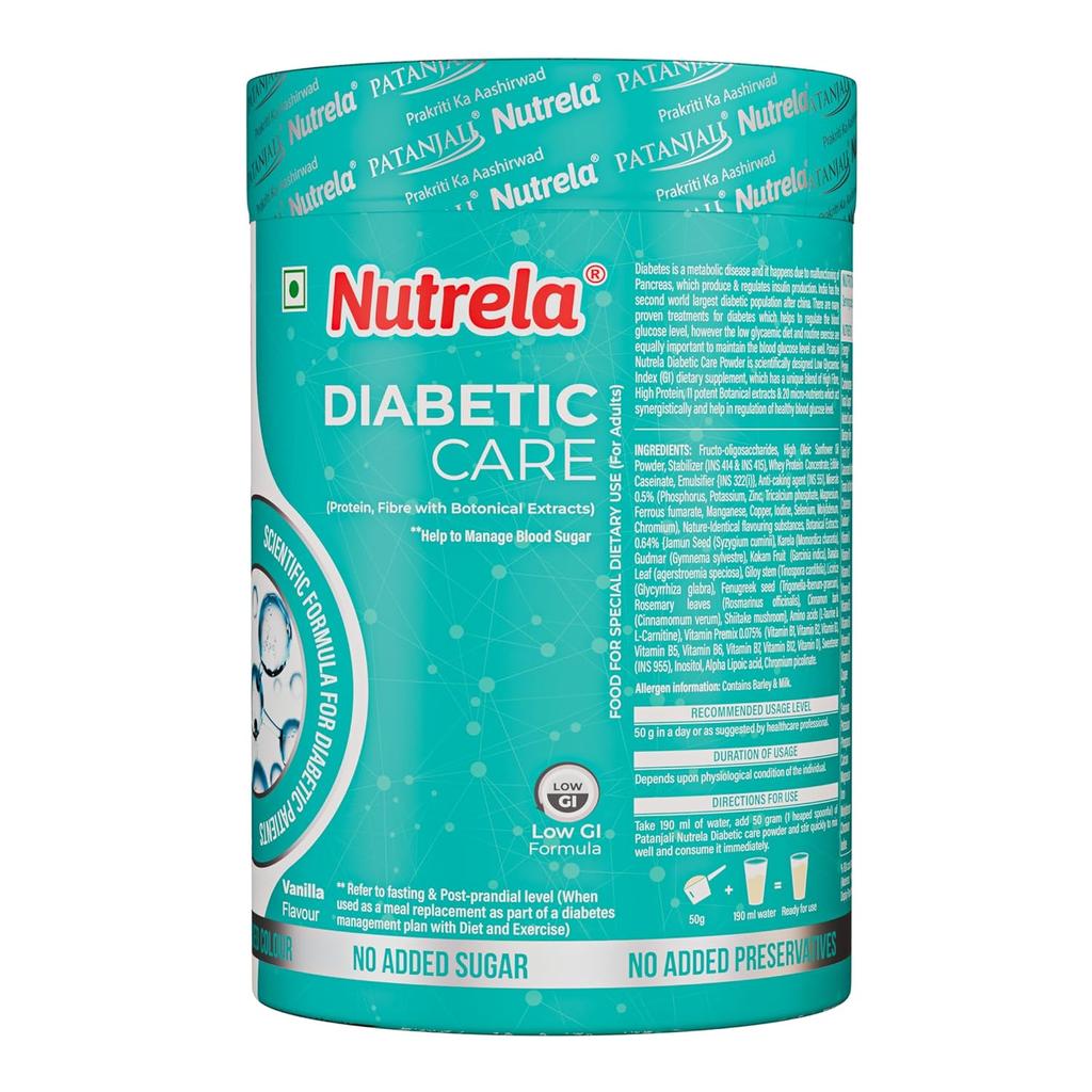 Nutrela Diabetic Protein Powder For Adults 400 gm | Low GI, Herbal Blend, Balanced Nutrition, Vanilla Flavour, Pack of 1