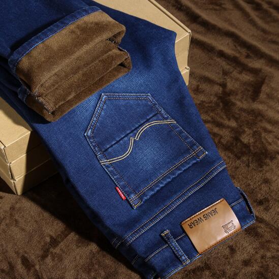 Winter fleece elastic jeans, thickened styles, plush winter thermal pants, straight slim fit