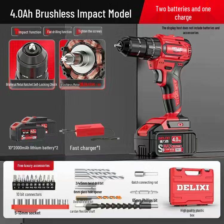 Delixi Brushless Handheld Lithium Battery Drill and Electric Screwdriver with Impact and Rechargeable Features for High-Power Household Use.