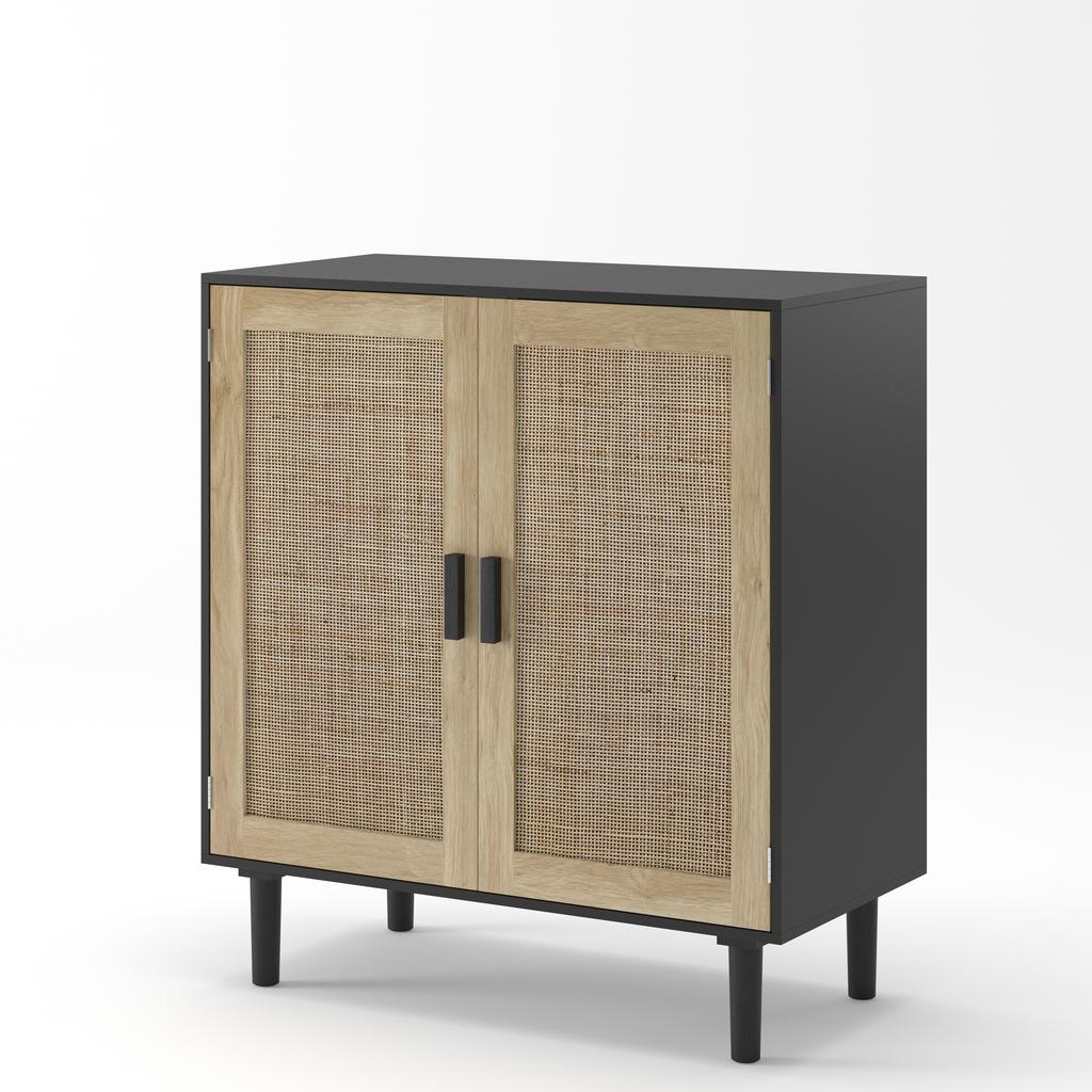 80CM Two-Door Rattan Storage Cabinet, Suitable for Living Room, Dining Room, Hallway(Black)