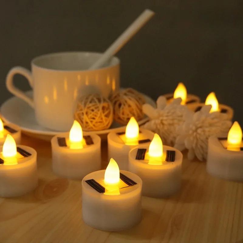 Solar Powered Candle Tea Lights Flameless Fake LED Electronic Candles Outdoor Christmas Small Tea Candles Home Decor