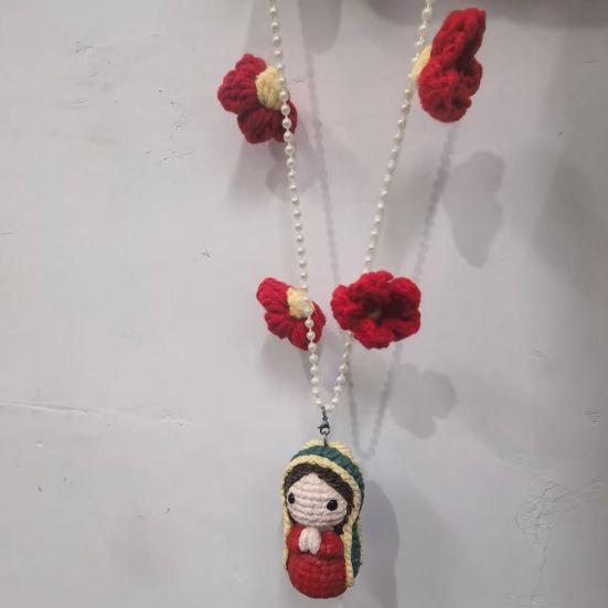 Niedliche Maria Statue Auto Kleines Harz Auto Rückspiegel Jungfrau Maria Innenraum Dekoration Anhänger mit Häkelarbeit