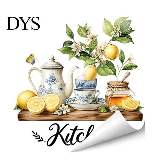 Nordic Style Wall Decor Watercolor Kitchen Stickers, Lemon Green Plant Teapot Self?Adhesive Decals, Peel Stick Mural Waterproof Stove Stickers