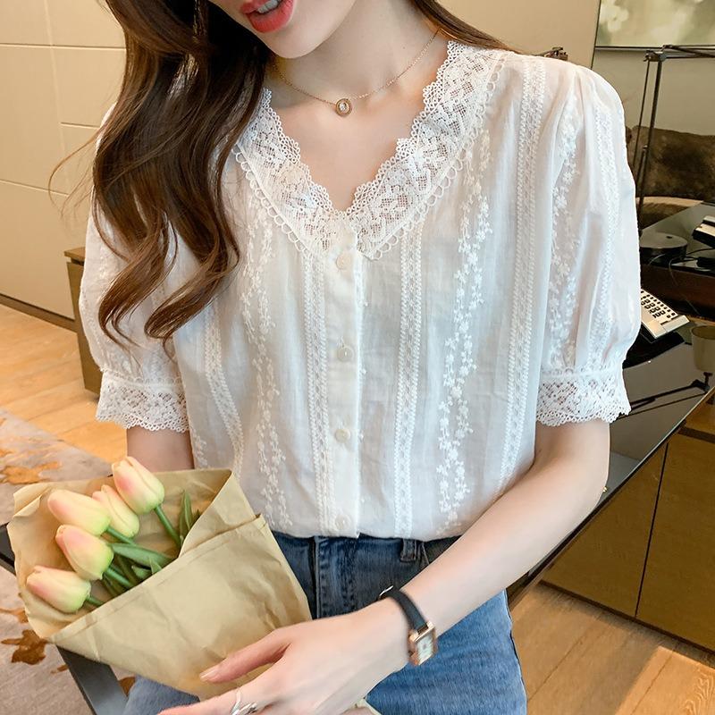 white v-neck lace trim puff sleeve embroidered blouse with buttons for women S белый