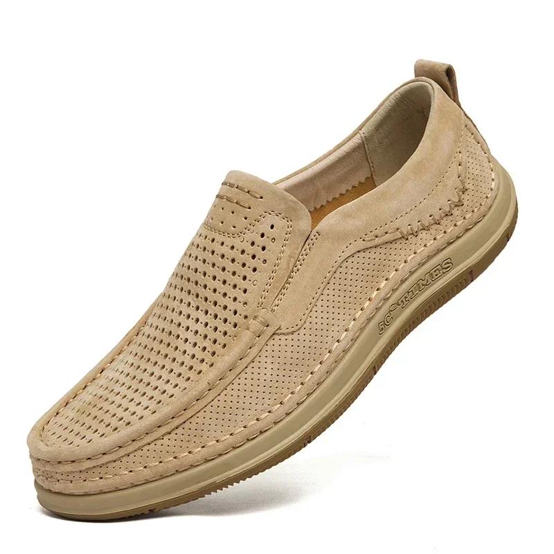 Fashion Genuine Leather Mens Shoes Hollow Out Summer Loafers Suede Driving Casual Shoes Breathable Soft Walking Shoes Zapatillas Male