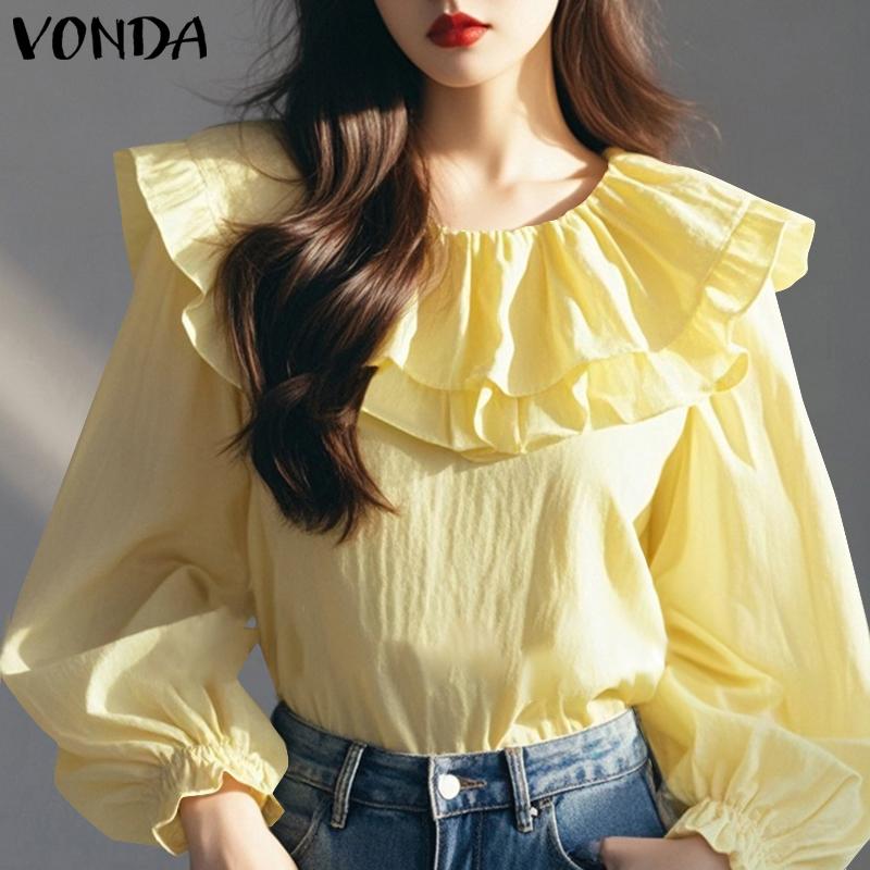VONDA Women Casual Ruffled Round Neck Long Sleeve Solid Color Blouses