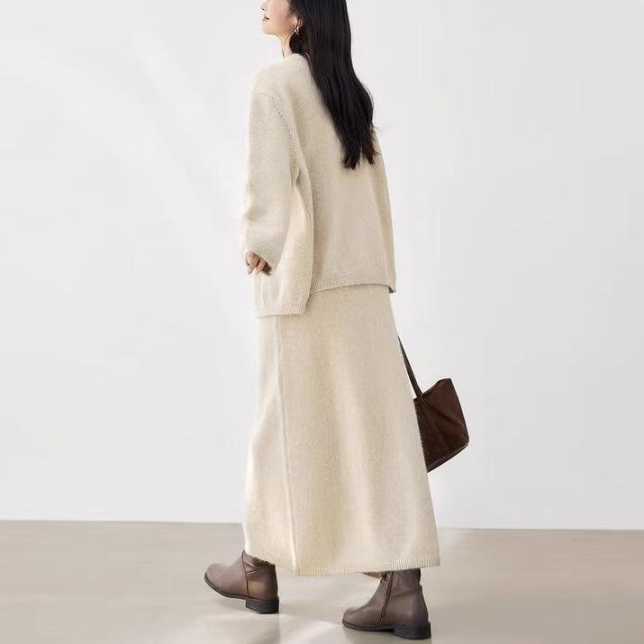 Women's Round Neck Temperament Sweater Jacket Mid-length Dress Long Sleeve Suit