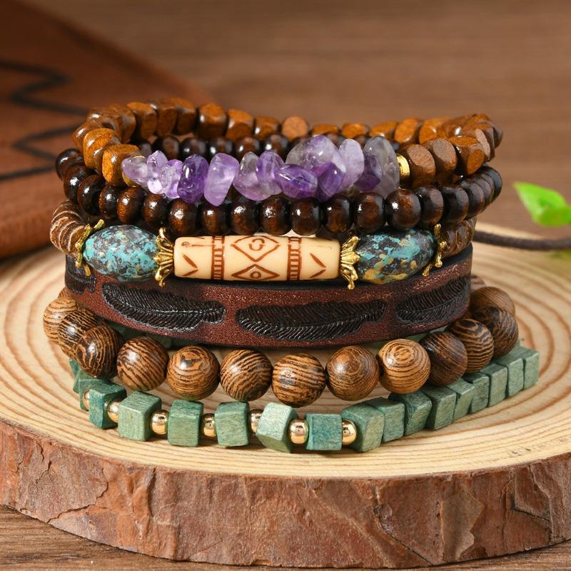 6-Piece new wooden bead beaded gravel leather men's and women's bracelets are suitable for daily wear by men and women