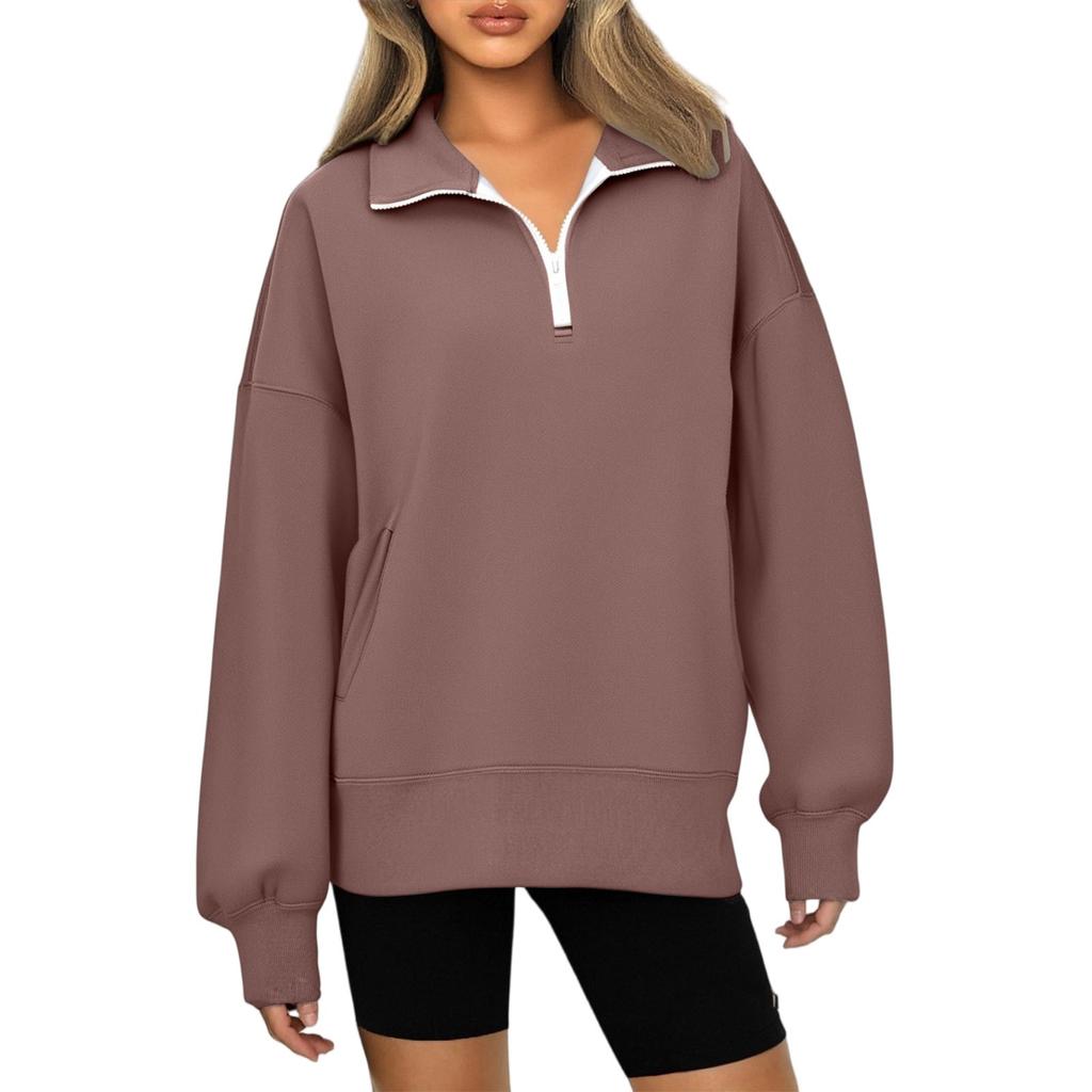 Fashionable Ladies Zipper Lapel Solid Color Pocket Casual Sweatshirt