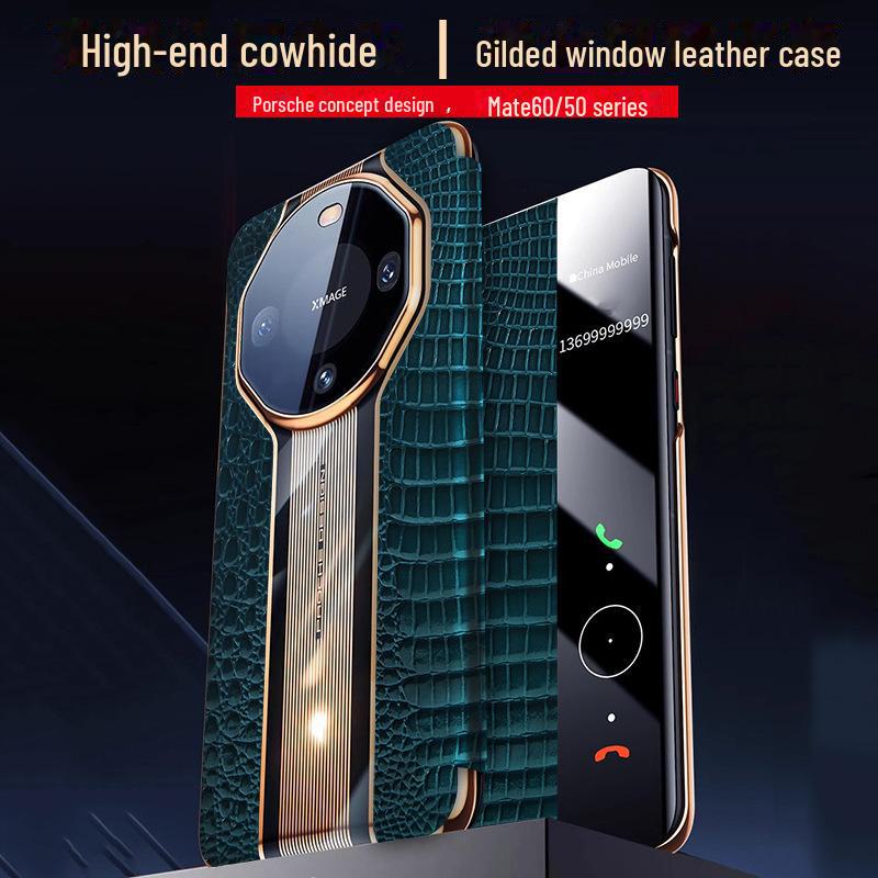 

Чехол-книжка Huawei Mate60 из натуральной кожи Smart Window для Porsche Design Mate60Pro Mate60 RS