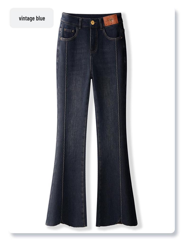 Women's Petite High-Waist Blue Micro-Flared Velvet Jeans - 2024 Autumn/Winter Collection
