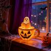 Retro Halloween Light Ghost Reading Book Lamp, Stained Glass Style Night Light, Resin Spooky Warm Orange Pumpkin Bedside Lamp for Bedroom, Living