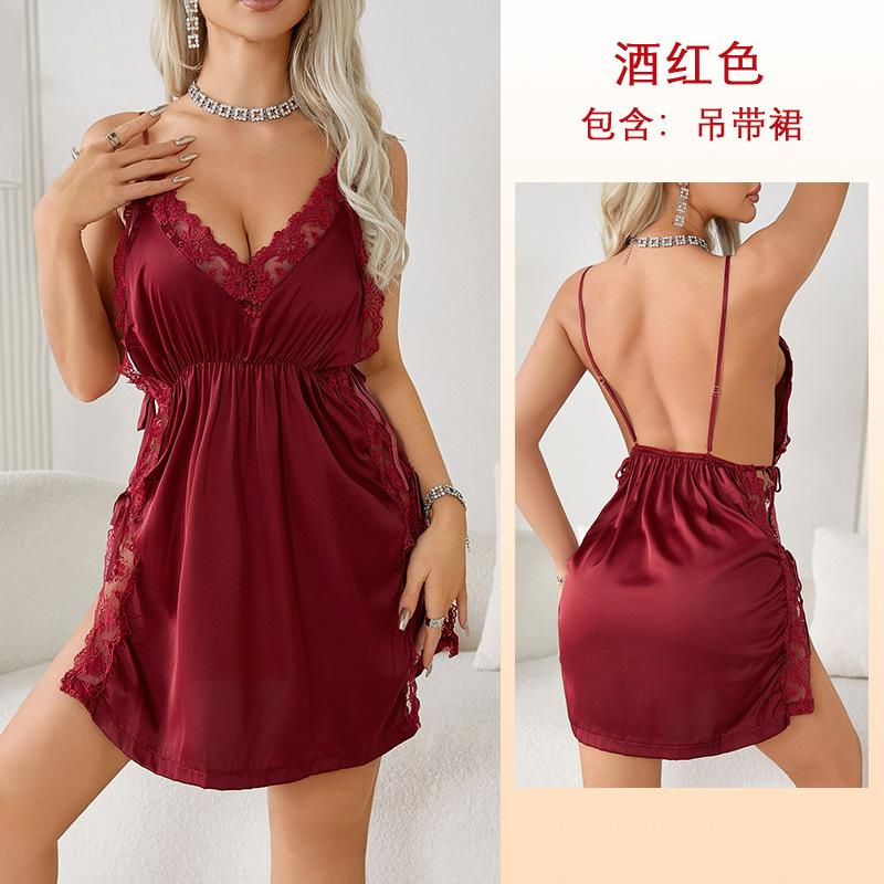European and American sex lace pajamas sexy suspenders pajamas satin loungewear pajamas 9046 S