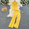 Summer Women Knitted Sweater Tracksuit Sleeveless Big Gold Button Tank Vest Tops and Wide Leg Pant Two Piece Set