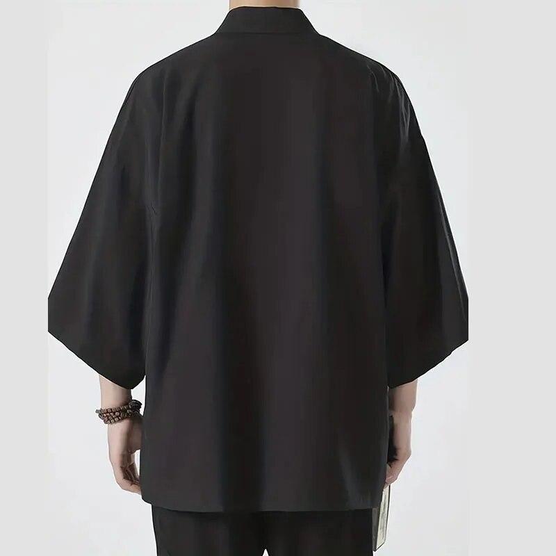 Herre Japansk Kimono Skjorter Afslappet Åben Strik Letvægts Yukata Mode Sort Cardigan 3/4 Ærme Ydertøj til Sommerferie