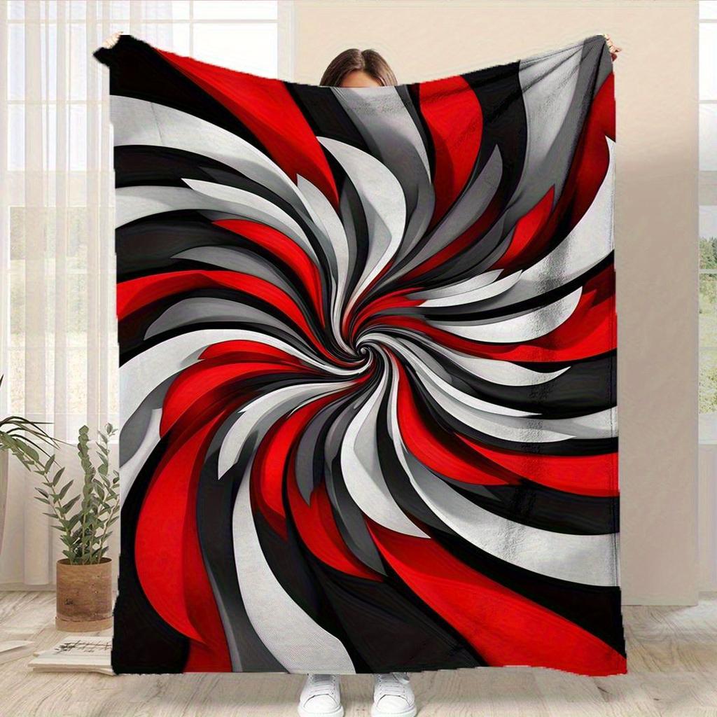 1pc Soft Polyester Flannel Throw Blanket - Plush Chunky Texture, Red Gray Black Swirls Pattern, All-Season Cozy Warmth for Couch, Bed, Camping, Office