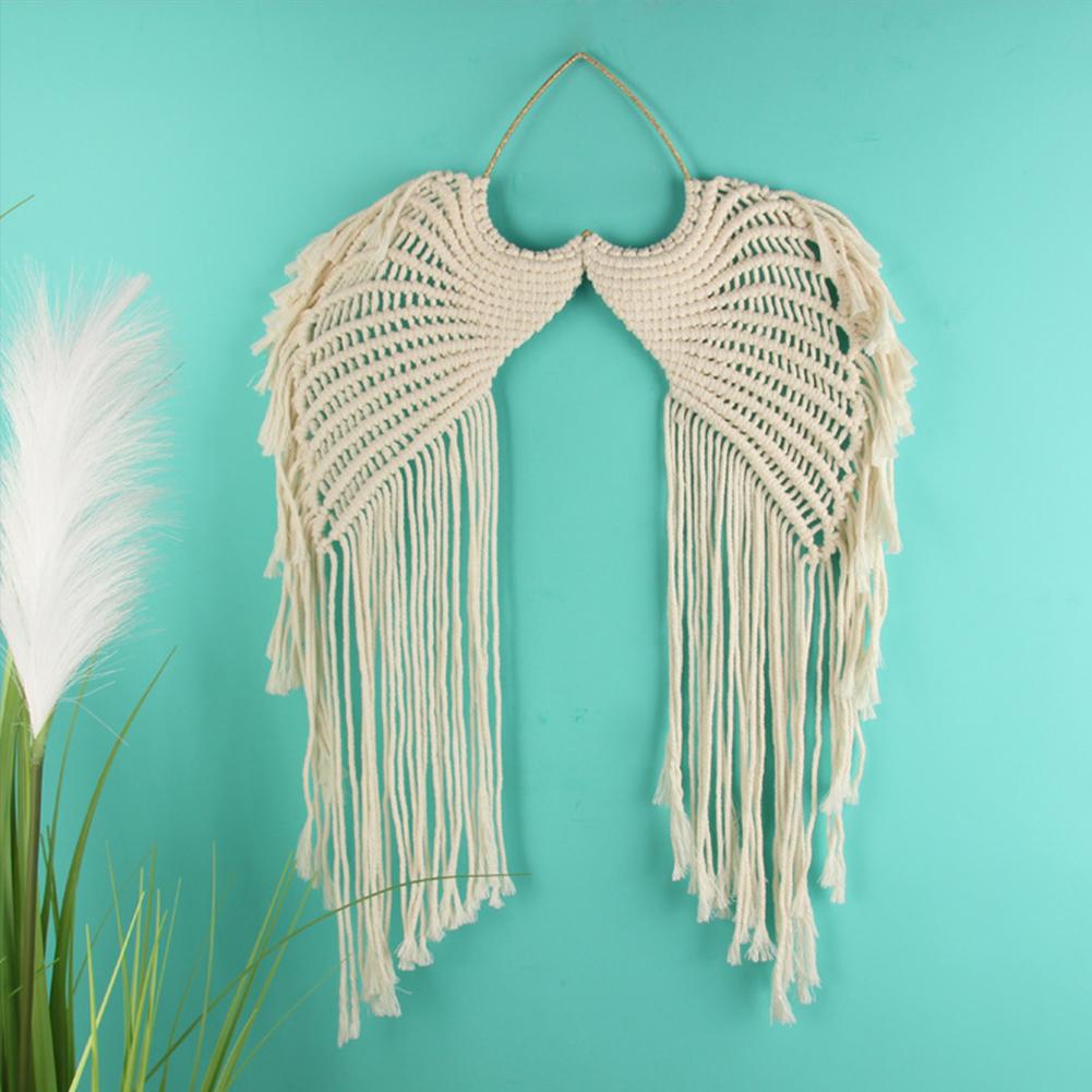 Angels Wing Shaped Macrame Tapestry Retro Cotton String with Long Tassel Elegant Ornament Decoration for Apartment Dorm Room