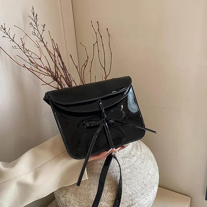 Bright Solid PU Saddle Shoulder Bags for Women Retro Compact Arc Dating Super Cool Crossbody Bags