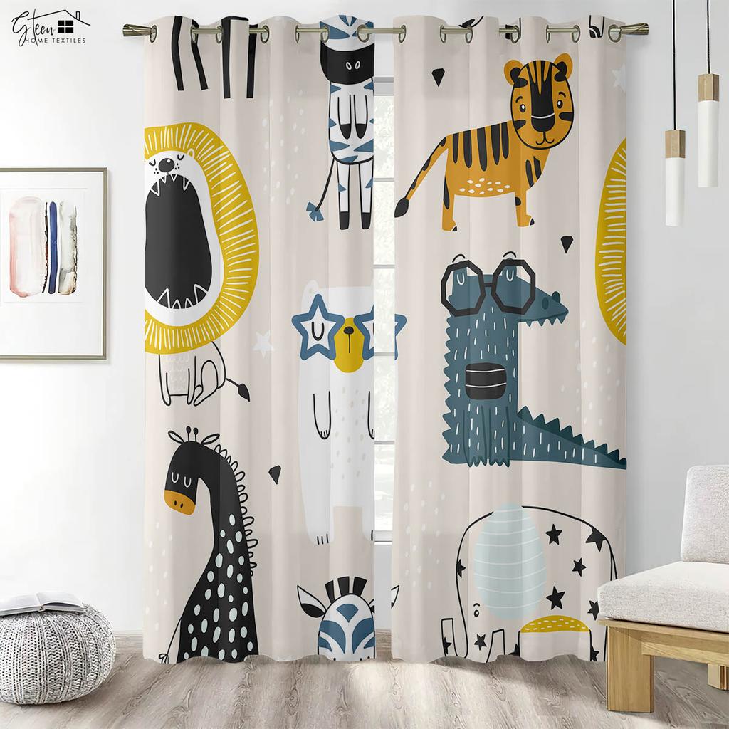 Animal Three-Dimensional Print Draperies Tiger Lion Crocodile Giraffe Elephant Monkey Penguin Fox Rabbit Hedgehog Dragon Cartoon Style Anime Drapery