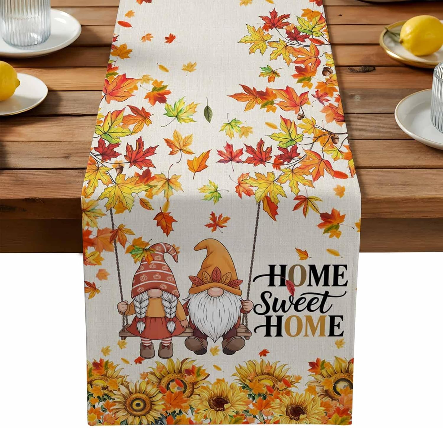 Fall Thanksgiving Gnome Sunflower Linen Table Runners Holiday Party Decor Durable Dining Table Runners Thanksgiving Decorations 150x33cm
