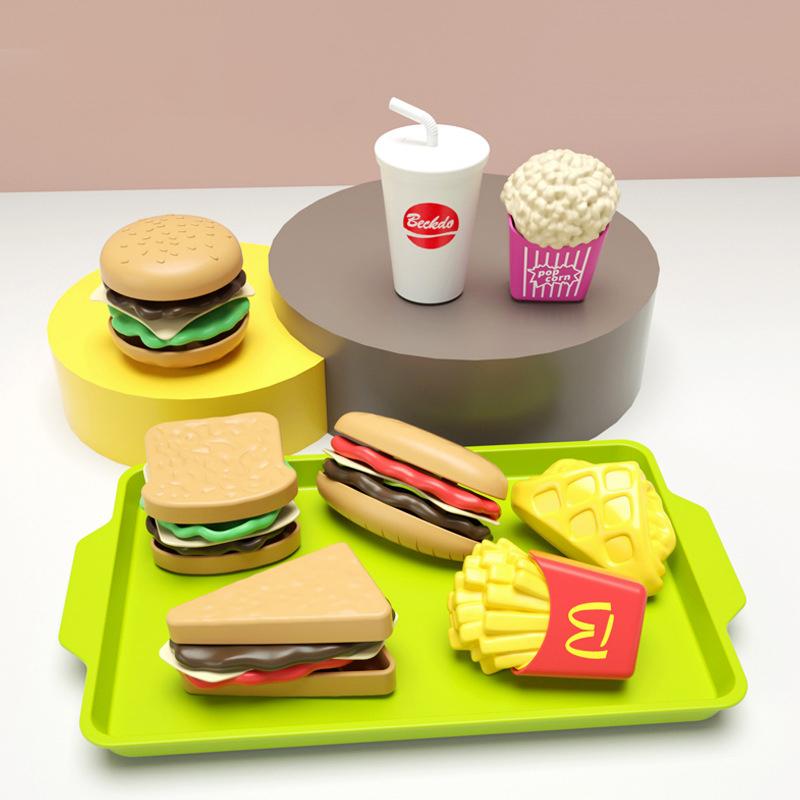 Children Hamburger Pretend Play Cooking Toys Set Mini Simulation Food Kitchen Toys For Girls Sandwich Fries Burger Assembly Game