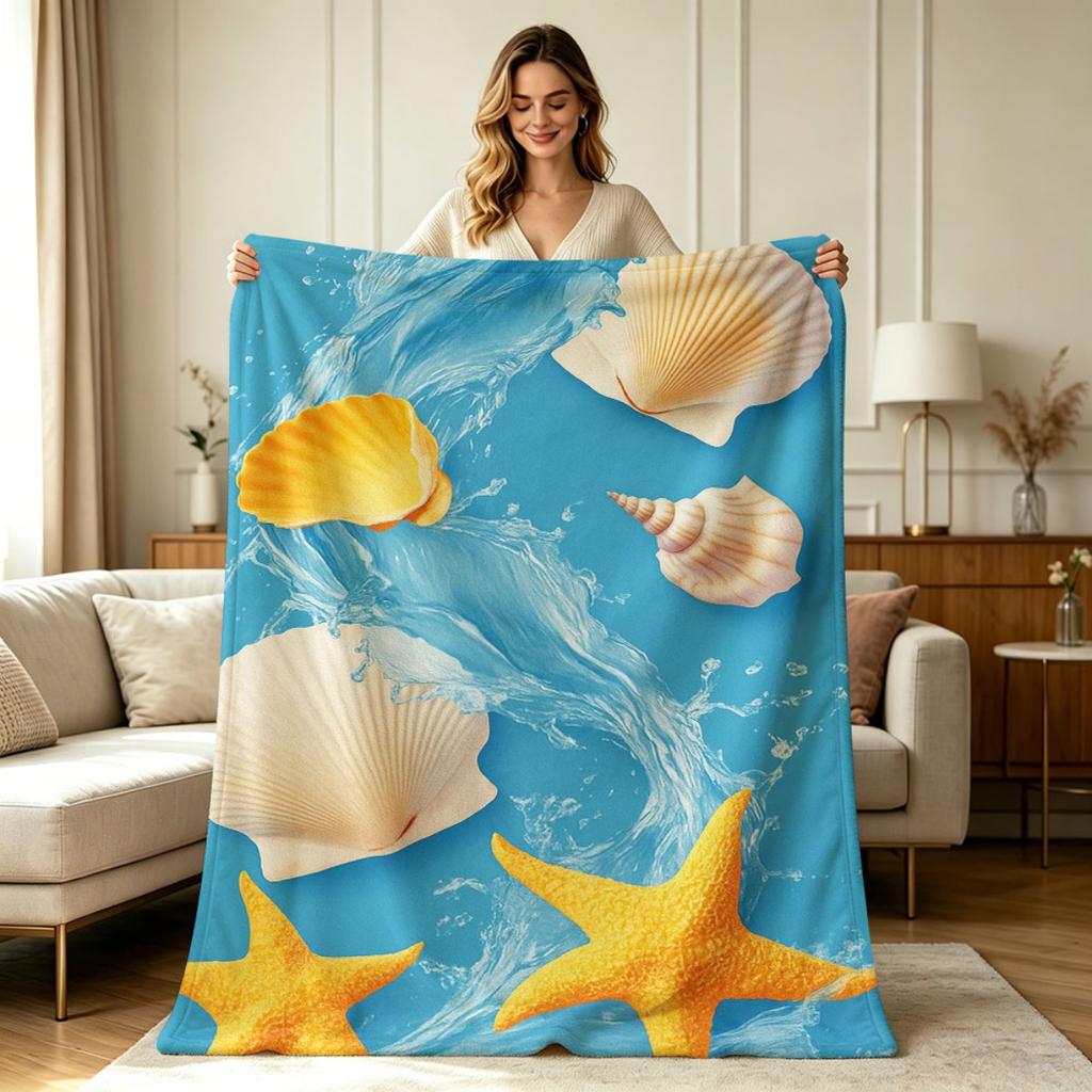 All Season Coastal Starfish Seashell Water Print Flannel Blanket Soft Warm Throw Blanket for Couch Sofa Living Room Bedroom Office Home Decor