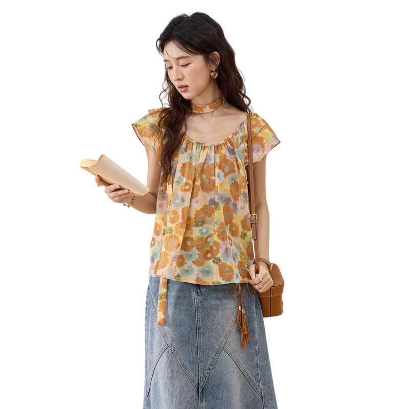 Mishow Women s 100% Cotton Citrus Oil Painting Print Shirt S