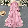 Bata Vintage para Mujer Cuello Vuelto Manga Linterna Vestido Encaje Vendaje Lazo Ajustado Gran Vuelo Vestidos Maxi Elegante Vestido Mujer